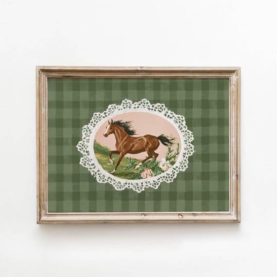 Wild Horse Vintage Printable Green Gingham Wall Art Preppy Coquette Decor Muted Plaid Pattern Digital Download 0153