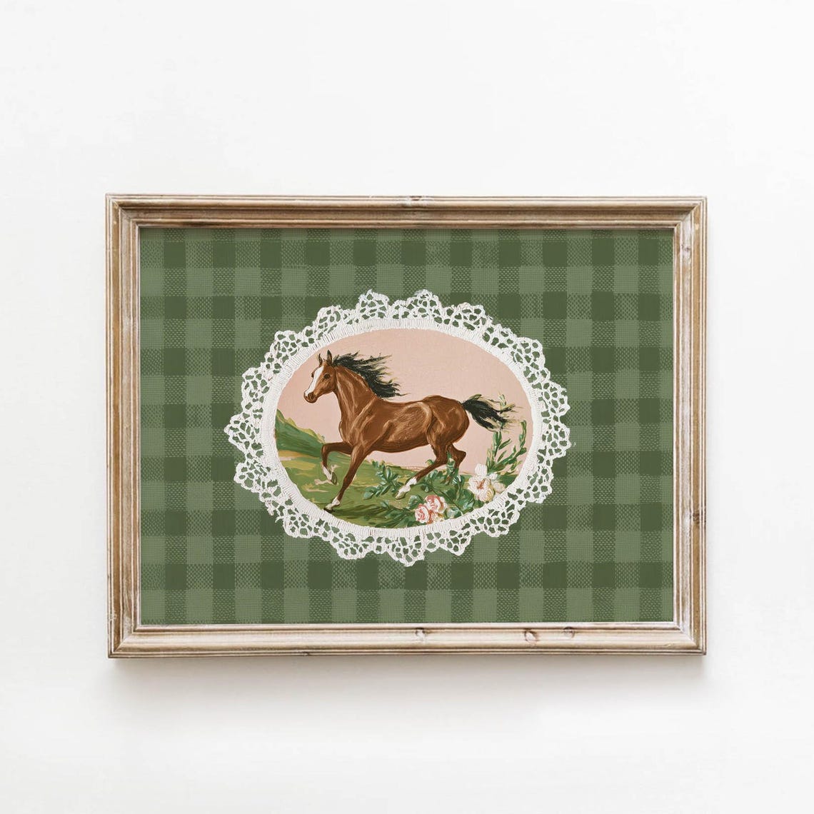 Vintage Galloping Horse in Lace Frame Green Gingham Equestrian Poster