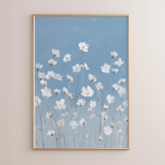 White Cosmos Wildflowers Soft Blue Sky Botanical Garden Poster