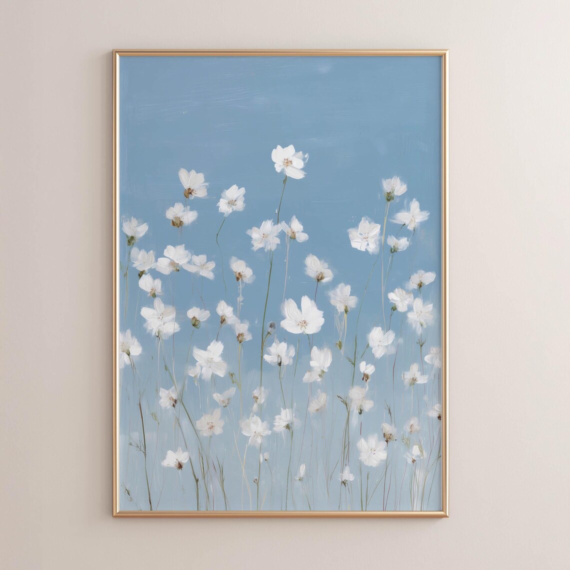 White Cosmos Wildflowers Soft Blue Sky Botanical Garden Poster