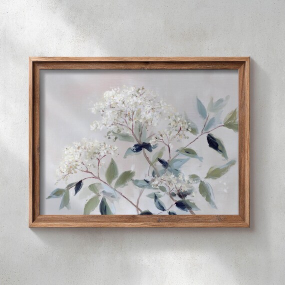 White Flowering Branches With Sage Green Leaves Soft Botanical Poster