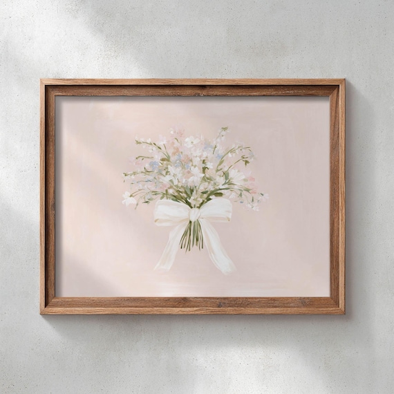 Printed Wildflower Bouquet With Ribbon Bow Soft Blush Pink Floral Wall Art Vintage Romantic Decor Feminine Cottage Style Poster 0684