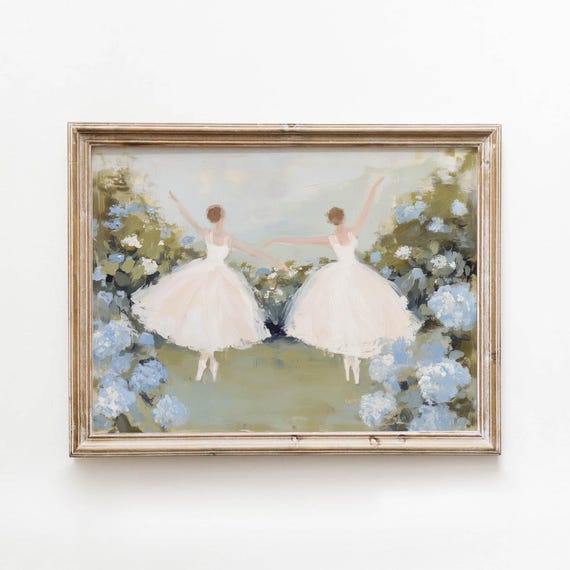 Coquette Ballerinas In Garden Printable Vintage Shabbychic Wall Art Romantic Dance Decor Feminine Blue Hydrangeas Download 0233