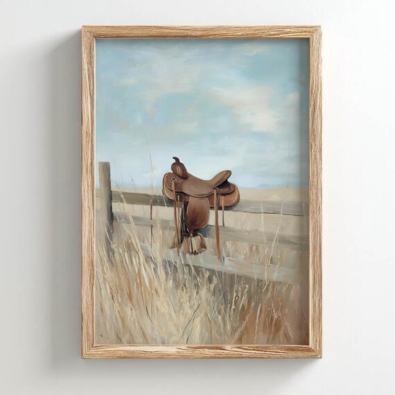 Saddle On Wooden Fence Rail Golden Prairie Grass Dusty Blue Sky Western Farmhouse Wall Art Rustic Cowboy Poster Print 0489