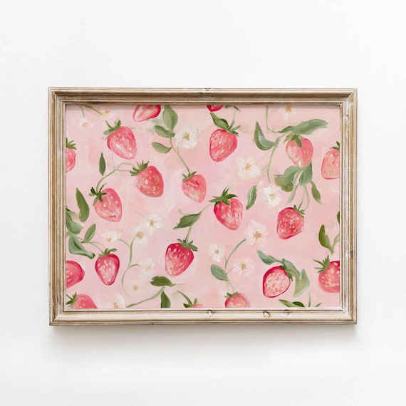 Strawberry Blossom Pattern Pink Cottagecore Spring Floral Poster