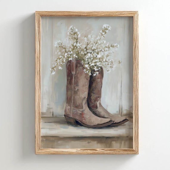 Printed Cowboy Boots White Wildflowers Brown Leather Rustic Western Art Neutral Wall Decor Cottage Aesthetic Vintage Style Poster 0499
