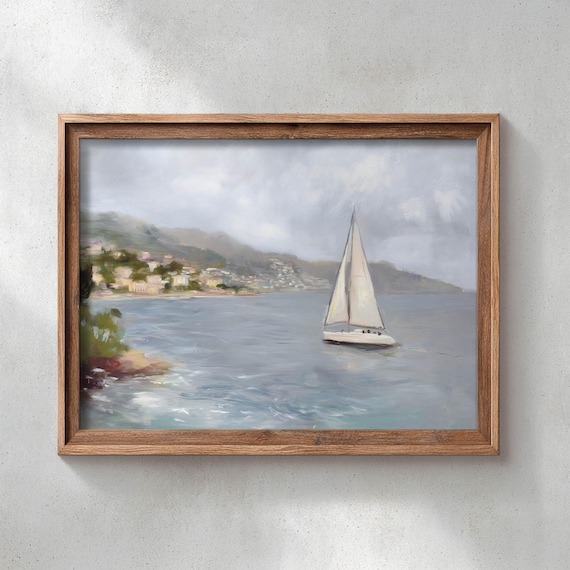 Coastal Sailboat Impressionist Oil Painting Seaside Town Seascape Poster