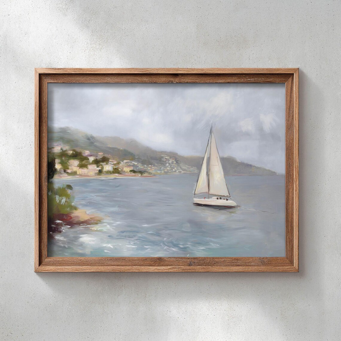 Coastal Sailboat Impressionist Oil Painting Seaside Town Seascape Poster