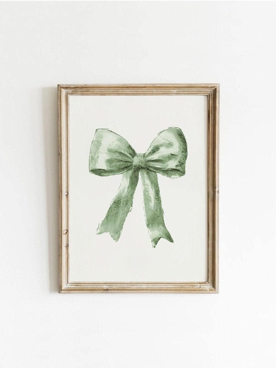 Sage Green Bow Preppy Wall Art Coquette Room Decor Print Nursery Vintage 0001ev