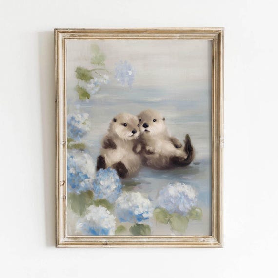 Soft Pastel Sea Otters Printable Cozy Nursery Wall Art Cottagecore Beach Decor Cute Otter Room Blue Hydrangea Download 0175