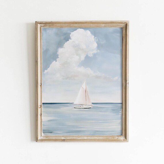 Calm Ocean Sailboat At Sea Muted Blue Grey Coastal Landscape Serene Nautical Wall Art Vintage Seascape Printable Download 714