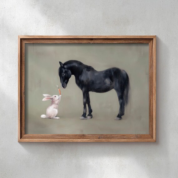 Black Horse White Rabbit Carrot Whimsical Animal Oil Painting Poster