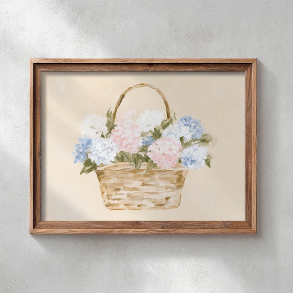 Printed Hydrangea Basket Floral Wall Art Cottage Spring Decor Soft Pink Blue Flowers Rustic Farmhouse Poster Botanical Print 0661