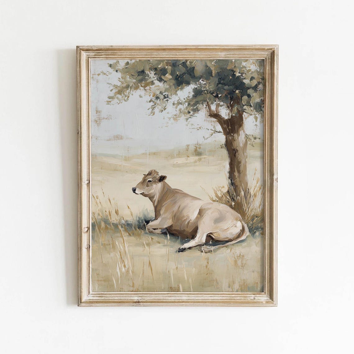 Resting Cow Under Tree Muted Meadow Soft Rustic Farmhouse Print