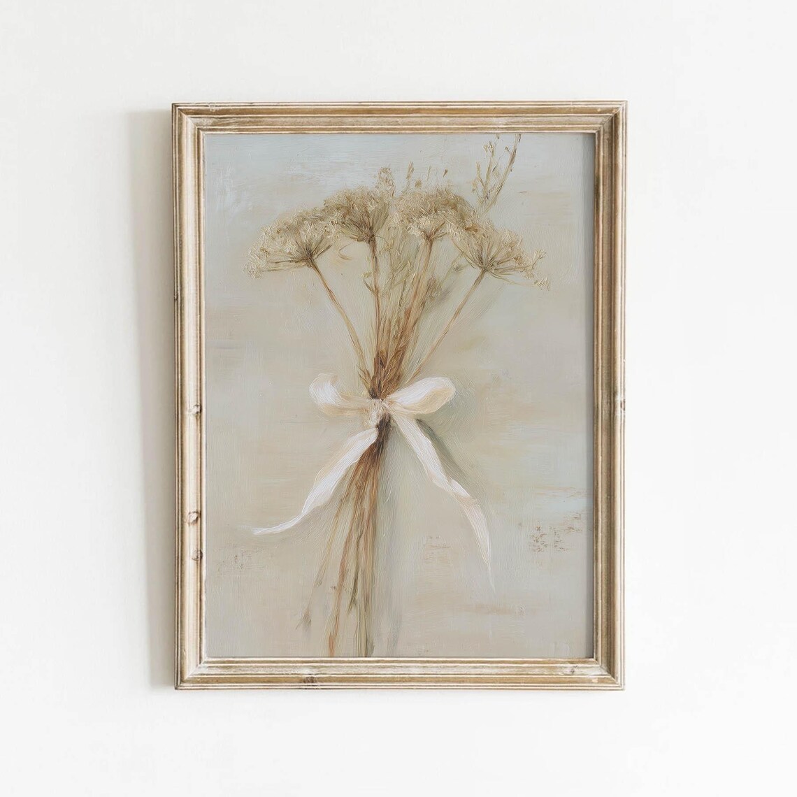 Dried Queen Anne's Lace Bouquet White Ribbon Vintage Art Poster