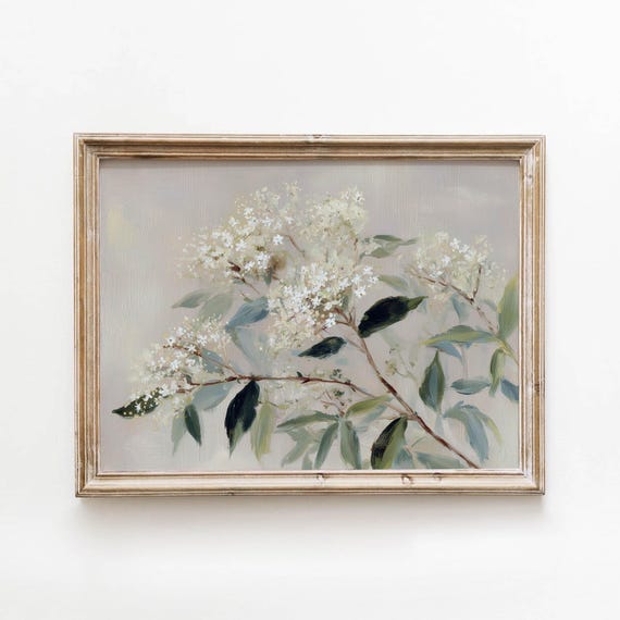 Vintage White Flowering Branches Printable Muted Beige Cottage Wall Art Botanical Decor Digital Download 584