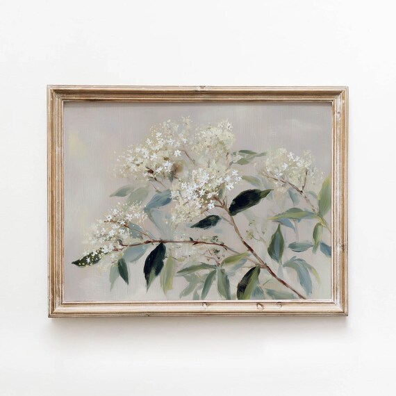 White Flowering Branches Muted Beige Vintage Botanical Cottage Oil Poster
