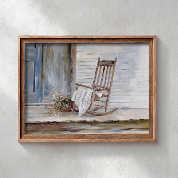 Printed Wooden Rocking Chair On Farmhouse Porch Rustic White Clapboard Muted Blue Door Vintage Cottage Decor Oil Painting Style 0632