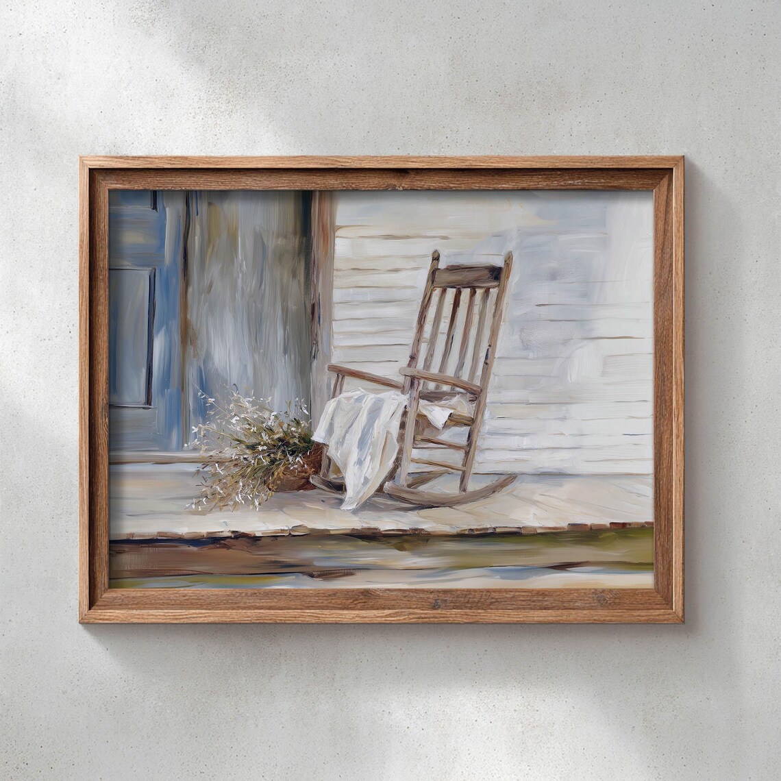 Wooden Rocking Chair On Farmhouse Porch White Linen Watercolor Poster