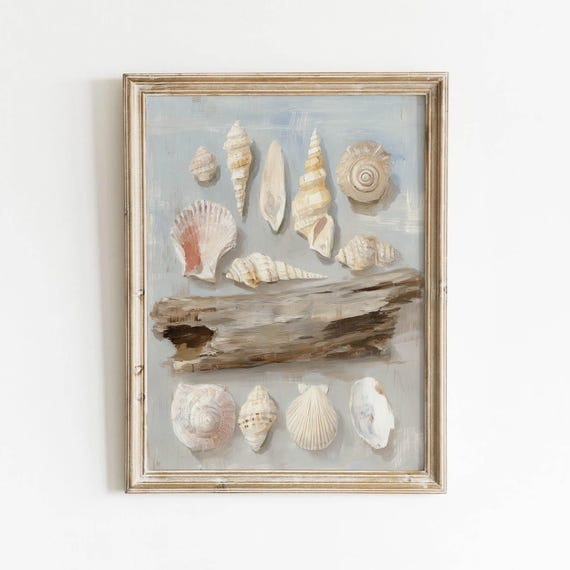 Muted Bluegray Seashell Printable Coastal Wall Art Vintage Driftwood Decor Beach House Neutral Tones Download 438