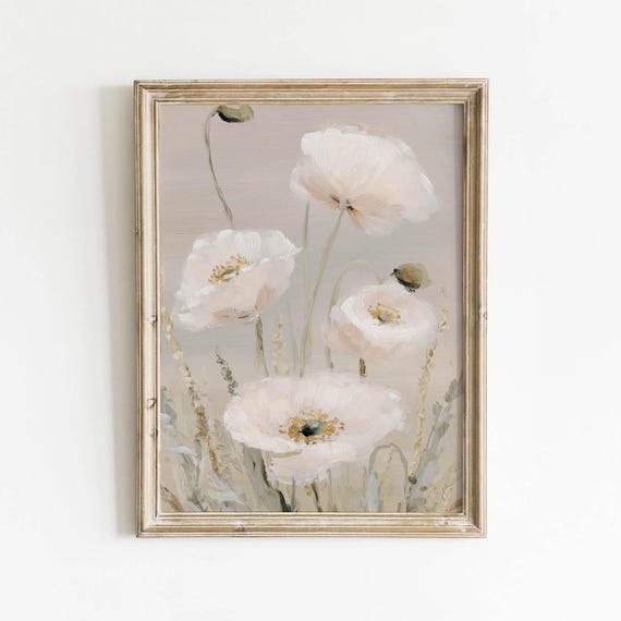 Muted White Poppy Blooms Sage Green Printable Neutral Floral Wall Art Soft Cream Greige Decor Cottage Bedroom Painting Download 626