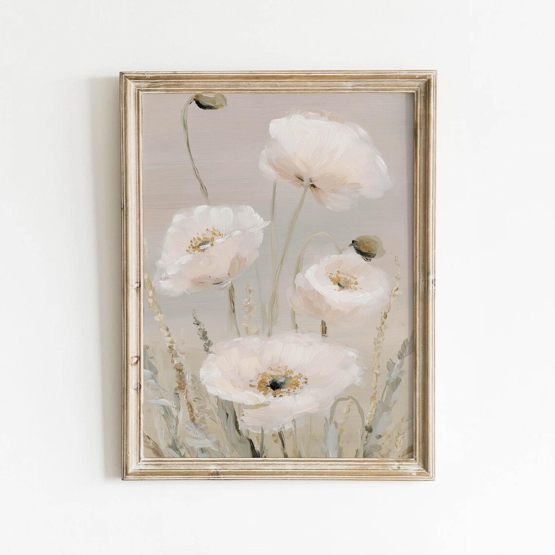 Soft White Poppies on Blush Vintage Neutral Floral Art Poster