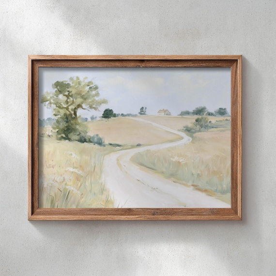 Printed Country Road Through Golden Wheat Fields Farmhouse Landscape Art Vintage Cottagecore Wall Decor Neutral Earthy Poster P743