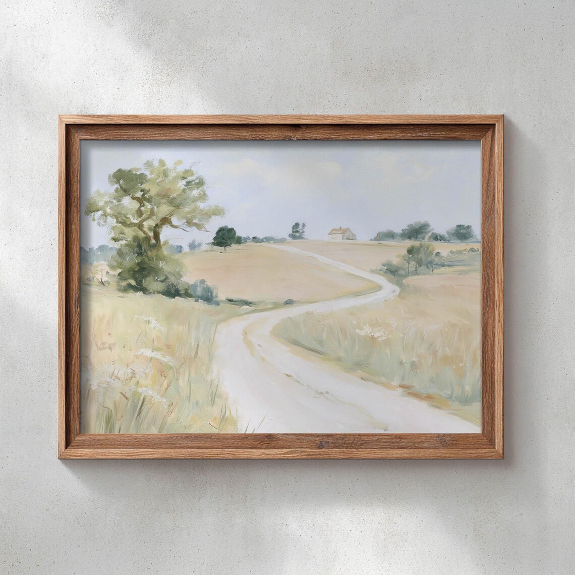 A Winding Country Road Through Golden Wheat Fields Soft Farmhouse Landscape Poster
