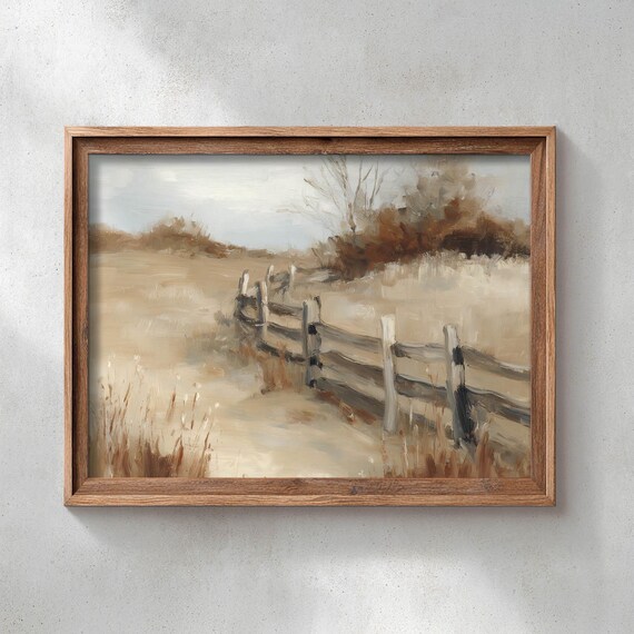 Weathered Splitrail Fence Poster Print Sandy Dirt Country Road Rustic Autumn Landscape Warm Neutral Tones Vintage Style Wall Art 0553