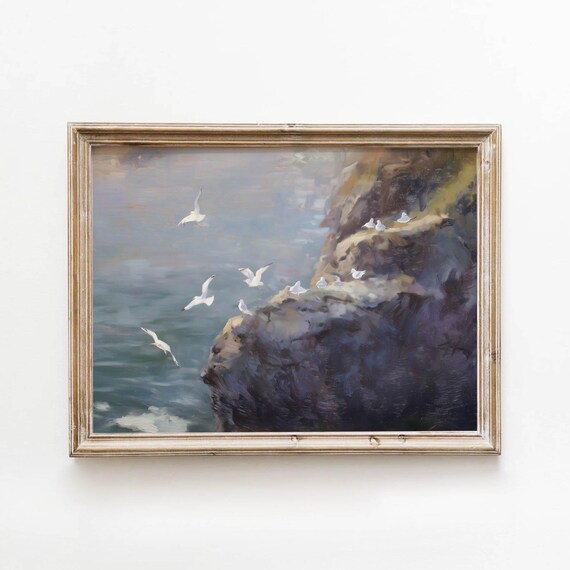Seagulls Over Rocky Cliffs Moody Vintage Nautical Seascape Art Poster