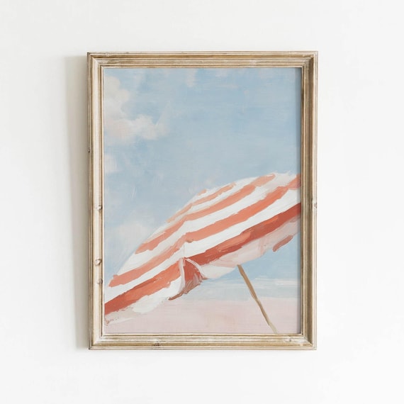 Coral Pink Striped Beach Umbrella Coastal Painting Summer Art Poster