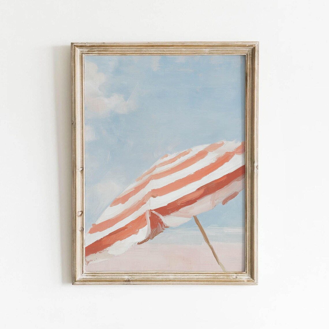 Coral Pink Striped Beach Umbrella Coastal Painting Summer Art Poster