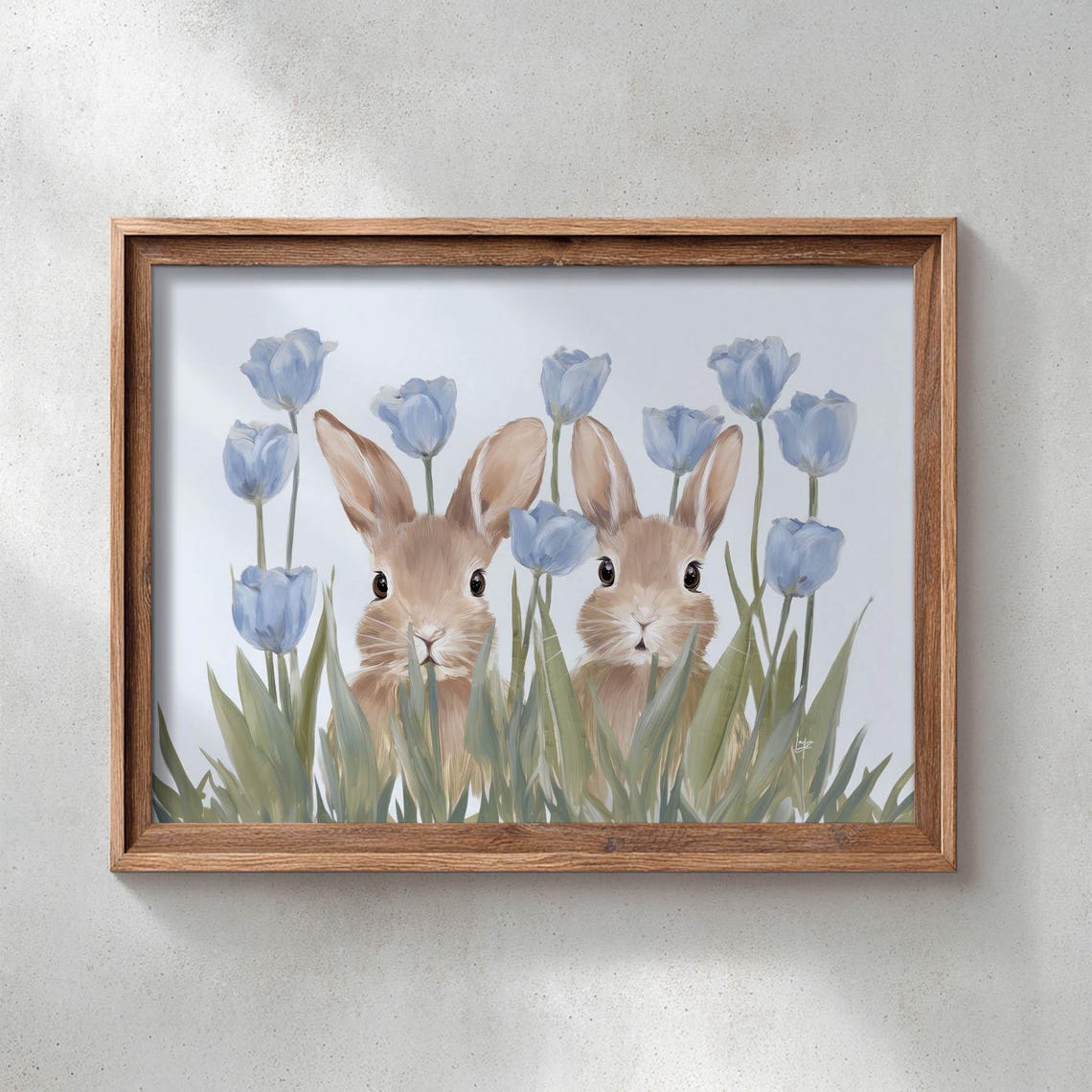 Two Baby Rabbits Blue Tulips Pastel Spring Bunny Nursery Art Poster