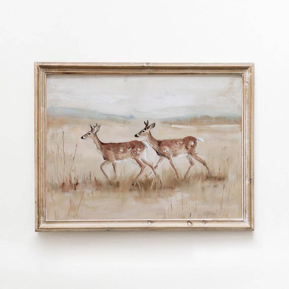 Vintage Deer Golden Meadow Printable Rustic Neutral Wall Art Farmhouse Decor Digital Download 532