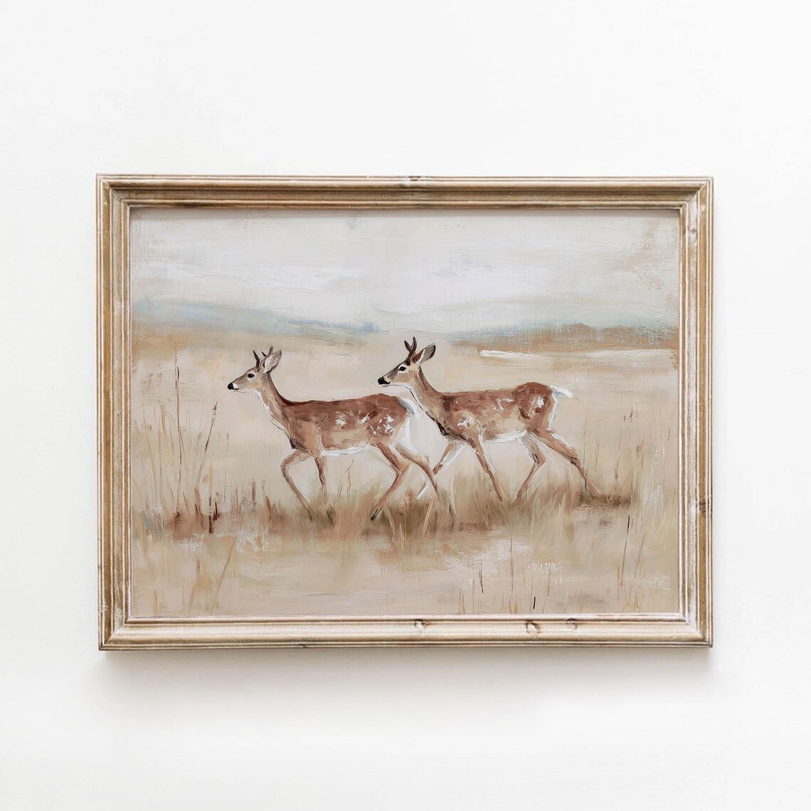 Vintage Two Young Deer Golden Field Rustic Neutral Art Poster
