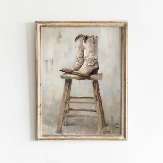Cream Cowboy Boots on Wooden Stool Vintage Farmhouse Style Poster