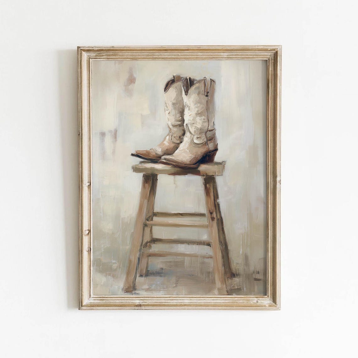 Cream Cowboy Boots on Wooden Stool Vintage Farmhouse Style Poster