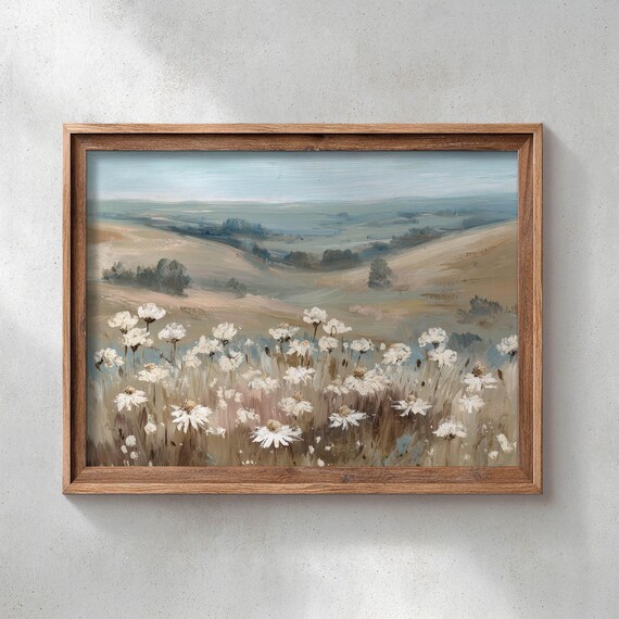 White Daisy Wildflower Field Rolling Hills Vintage Country Poster