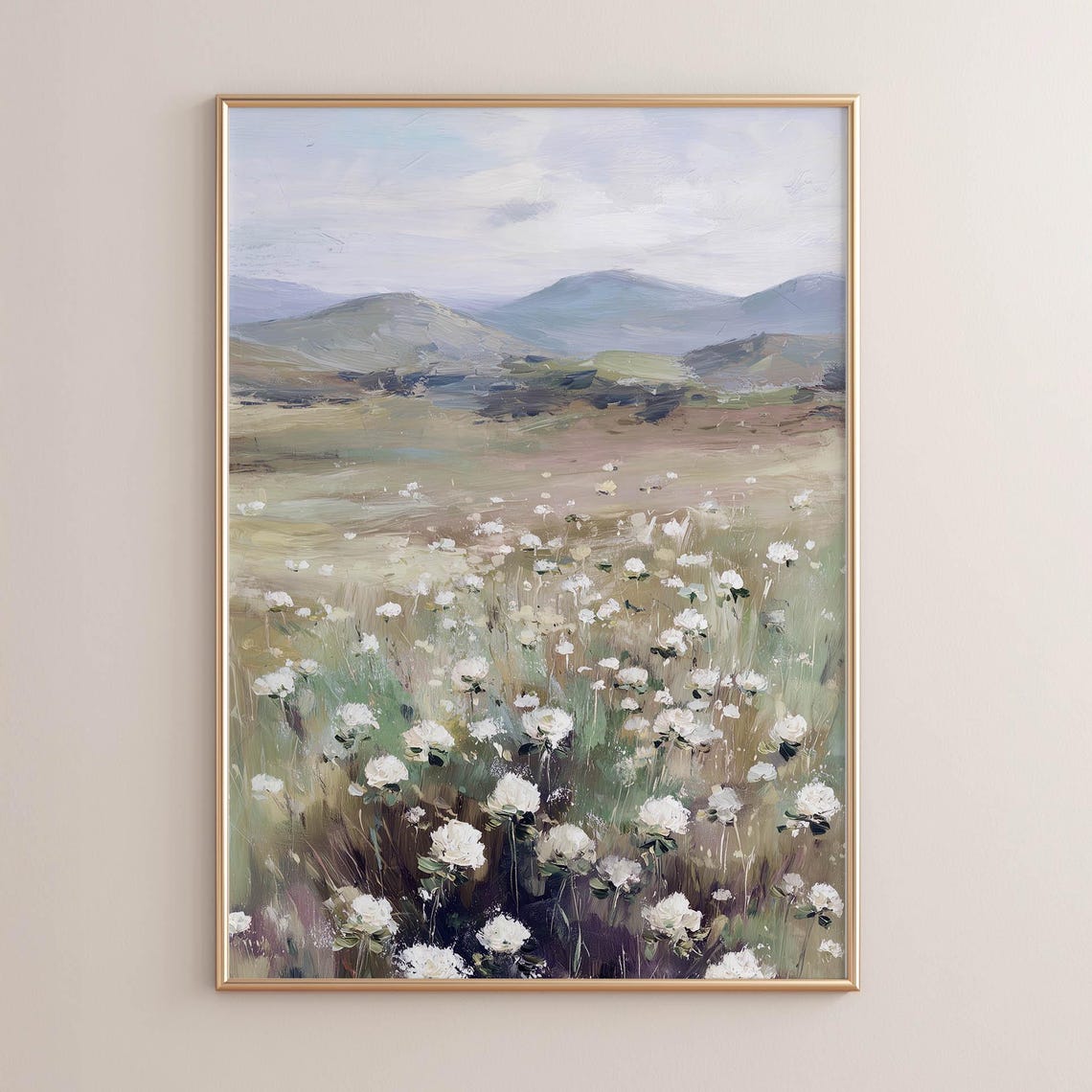 White Wildflowers Rolling Sage Meadow Mountain Landscape Poster