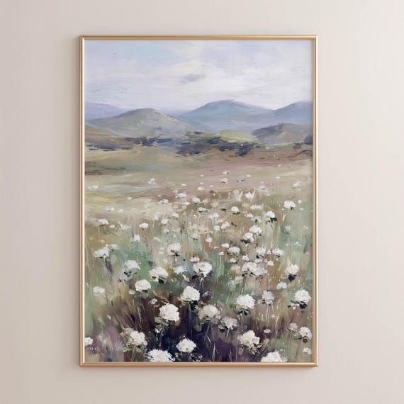 Printed White Wildflowers Rolling Meadow Landscape Muted Neutral Colors Rustic Cottagecore Wall Art Oil Painting Style Print 0607