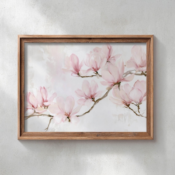 Printed Pink Magnolia Blossoms Spring Floral Wall Art Watercolor Botanical Poster Feminine Home Decor Romantic Vintage Cottage Print P752