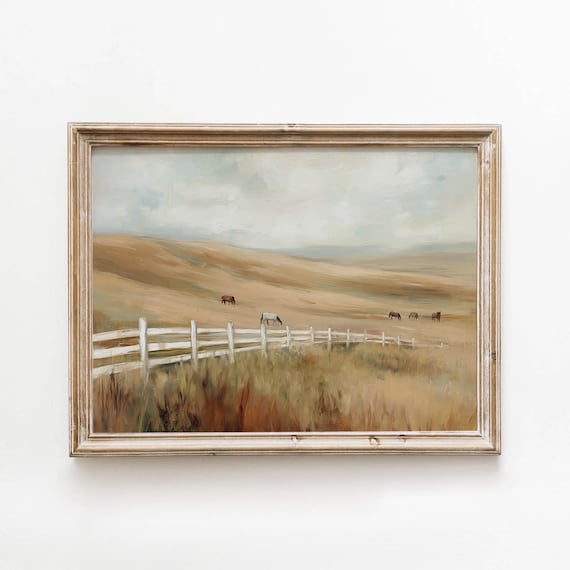 Vintage Golden Pasture Horses Rustic White Fence Farmhouse Art Poster