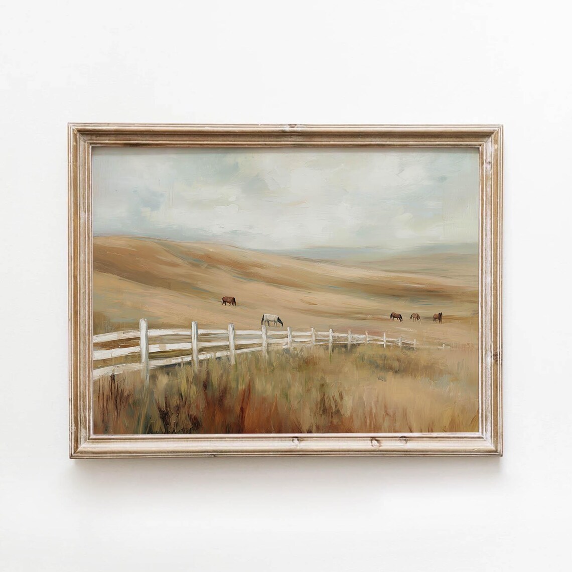 Vintage Golden Pasture Horses Rustic White Fence Farmhouse Art Poster
