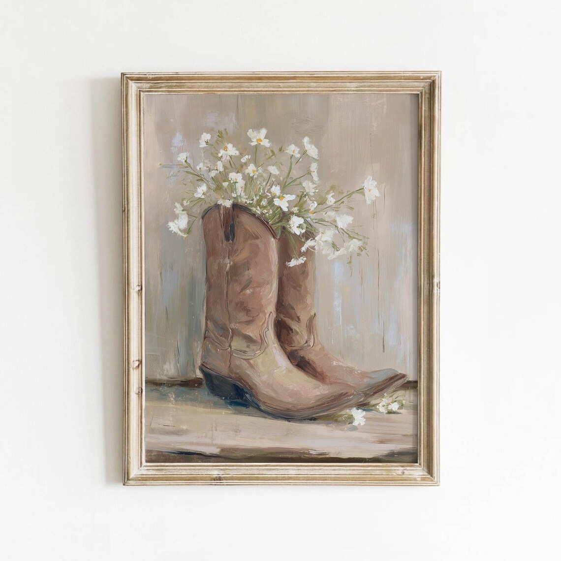 Tan Cowboy Boots White Wildflowers Rustic Farmhouse Flower Poster