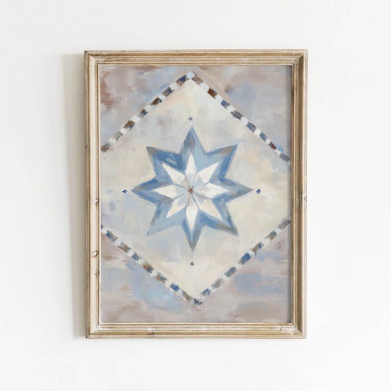 Dusty Blue White Eight Point Star Printable Vintage Quilt Block Wall Art Neutral Patchwork Decor Farmhouse Cottage Painting Download 611