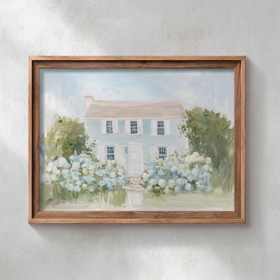 Printed Colonial House Multipane Windows Poster Print Pastel Palette Cottagecore Aesthetic Soft Blend Style Home Decor P314