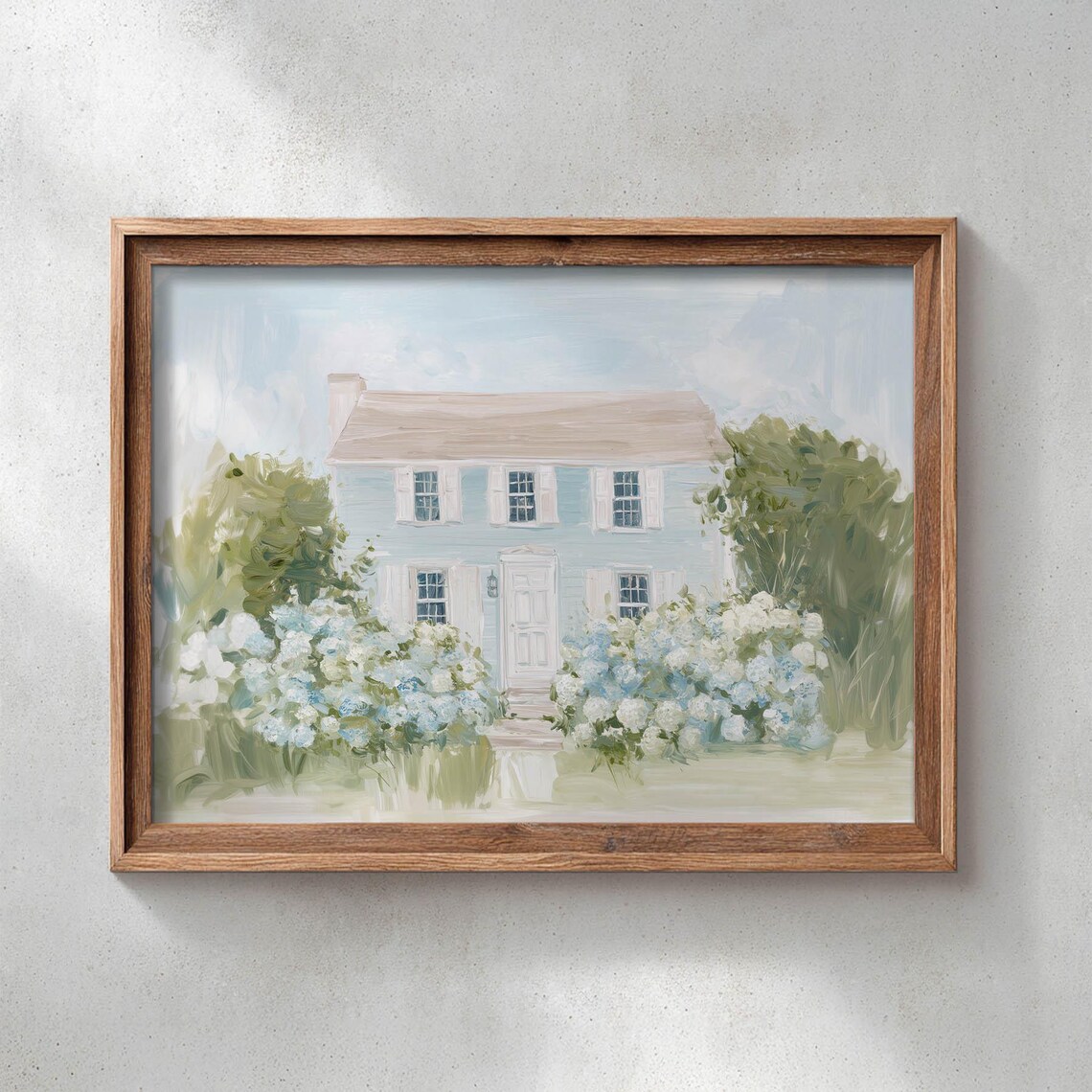 Colonial House With Blue Hydrangeas Pastel Cottage Oil Painting Poster