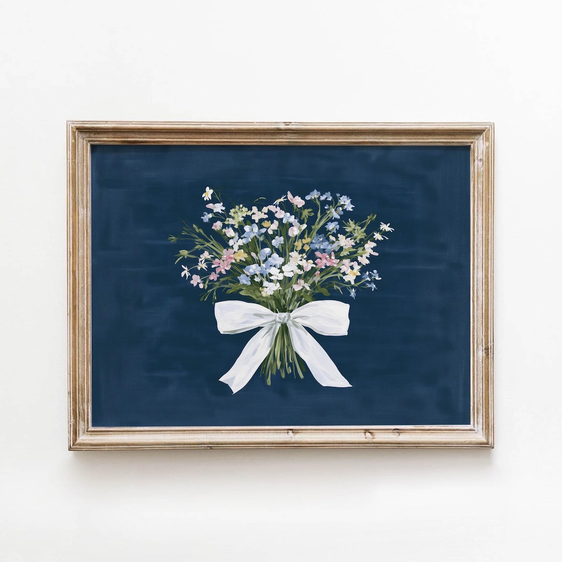 Wildflower Bouquet White Bow Navy Blue Vintage Romantic Floral Poster