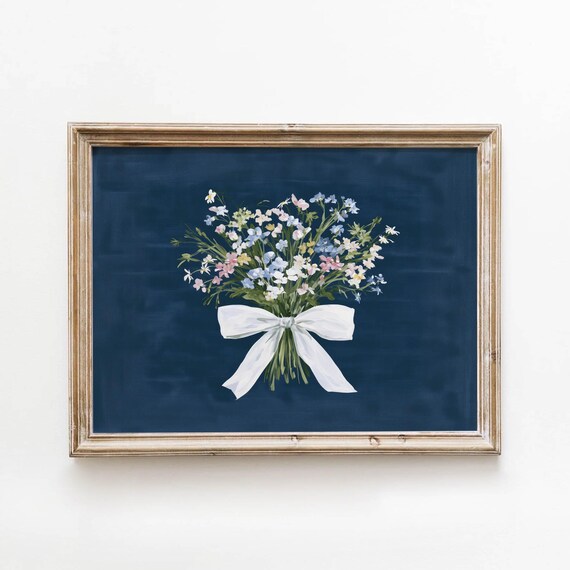 Wildflower Bouquet Printable Navy Blue Vintage Wall Art Romantic Flower Decor Spring Floral Print Delicate Daisy Download 682