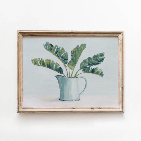 Tropical Leaves and White Pitcher, Vintage Farmhouse